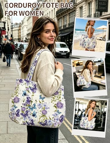 Corduroy Tote Bag for Women, Cute Floral Tote Bag with Zipper, Large Shoulder Handbag with Multi-Pockets for Work Travel Gym - color: Purple Butterfly