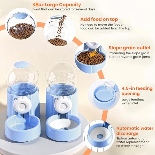 38oz Rabbit Water Dispenser and Feeder Set (Blue) | Large Hanging Automatic Food Water Dispenser, for Bunny Guinea Pig Chinchilla Ferret Cage Accessories - color: Blue