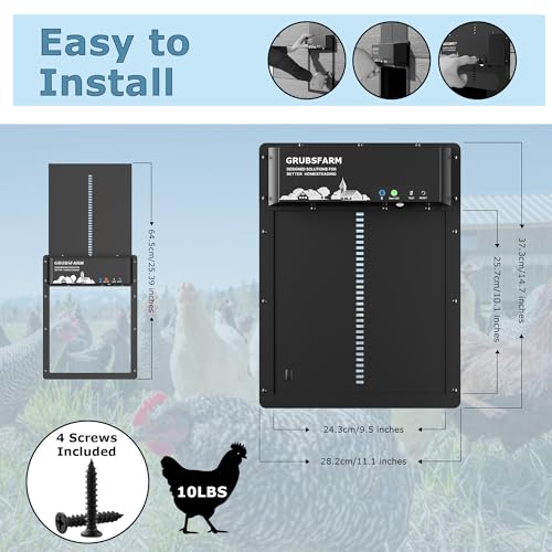 Automatic Chicken Coop Door with App Programmable, Solar/Battery/Grid Multi-Power Supply, Motion Sensor Anti-Pinch Safety System, Durable Weatherproof Aluminum Auto Door for Poultry - GRUBSFARM