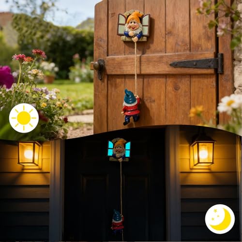 Gnome Statue of a Gnome Climbing a Rope with Glow-in-the-Dark Feature, Wall Decoration (Yellow) - color: Yellow