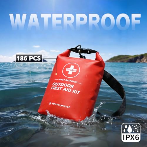 Waterproof First Aid Kit 186 Pcs Survival Gear, Portable Small Boat Dry Bag Bug Out Bags, Emergencies Medical Kit Ideal for Boating, Fishing, Hiking, Camping, Kayaking (Red) - color: Red