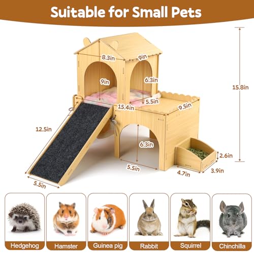 Large Wooden Guinea Pig Hideout, Deluxe 2-Tier Castle with Detachable Snack Feeder, Hammock, Ramp & Accessories - Movable Habitat, Easy Assembly & Clean, Comfort for Rabbits, Hamsters, Guinea Pigs
