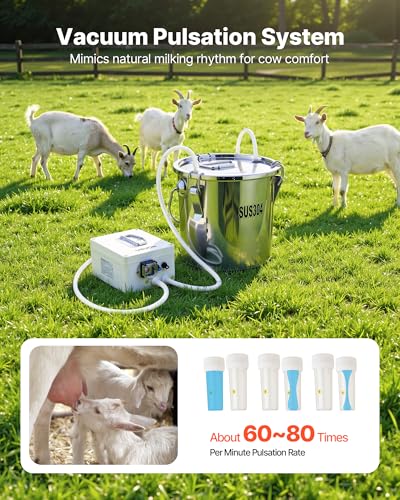 VEVOR Goat Milking Machine, 0.8 Gal / 3 L Food-Grade Stainless Steel Bucket, with 5200 mAh Rechargeable Battery, 2 Teat Cups, Cordless Portable Pulsation Vaccum Electric Milking Machine for Goats Only - size: 3L+Portable