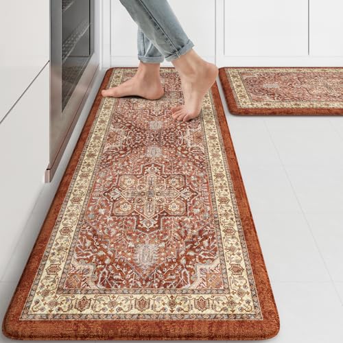 KIMODE Anti Fatigue Fall Kitchen Mats, Boho Distressed Kitchen Floor Mats | 17"x47"+17"x29", Non Slip Waterproof Kitchen Rugs, Padded Comfort Standing Mats for Laundry, Office, Sink, Desk Orange Multi - color: Orange, size: 17.3" x 47"+17.3" x 29"--0.47 i