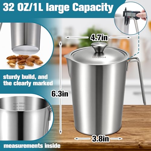 3 Pcs 32 oz Stainless Steel Pitcher with Lid (4 Cup, 1000 ML) | Metal Measuring Cup, Large Mouth Graduated Beakers with Handle, Milk Frothing Jug for Espresso, Latte Art, Hot/cold Water - size: 32 oz(4 Cup, 1000 ML)