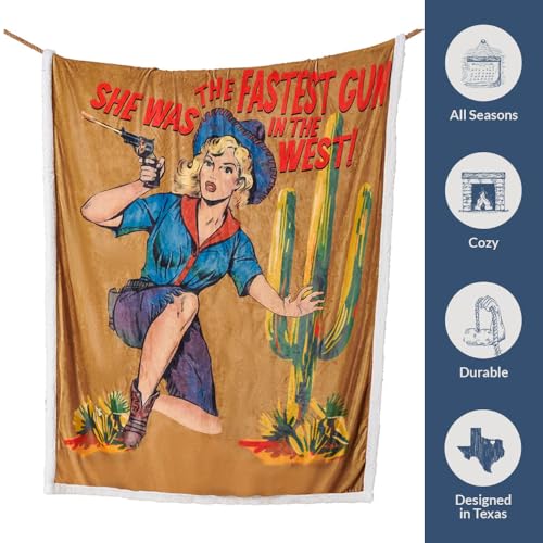 Paseo Road Indigo Hill by HiEnd Accents Gunslinger 54x68 Throw Blanket | Retro-Style Blonde Girl Desert Print, Rustic Southwestern-Style Western Sherpa Fleece Blanket for the Couch, Sofa, or Bed - color: Gunslinger