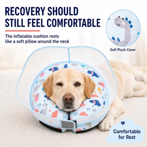 Inflatable Dog Cone Collar for Large Medium Small Dogs, Soft Dog Donut Collar Adjustable Recovery Cone for Pets After Surgery, Extra Enhanced Anti-Licking Guard Shield (Dinosaur, X-Large) - color: Dinosaur, size: X-Large