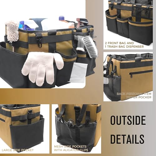 SCAVATA Wearable Cleaning Caddy Organizer with Handle & Shoulder Straps for Housekeepers, Under Sink & Car Cleaning Tool Organizer Bag with 4 Foldable Dividers (Tan) - color: Tan