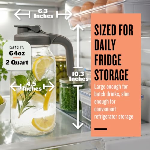County Line Kitchen 64 oz Mason Jar Glass Pitcher With Lid - Gray | Heavy-Duty Glass Mason Jar Pitcher - Leak-Proof Lid, Wide Mouth & Easy Pour Spout (64 oz) - color: Gray
