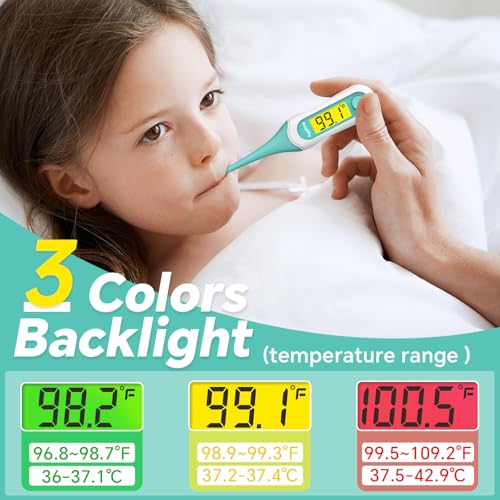 8 Second Digital Oral Thermometer, Fast Reading Thermometer for Adults and Kids with 3 Color Backlit and Fever Alarm for Oral, Rectal, Underarm - color: Green