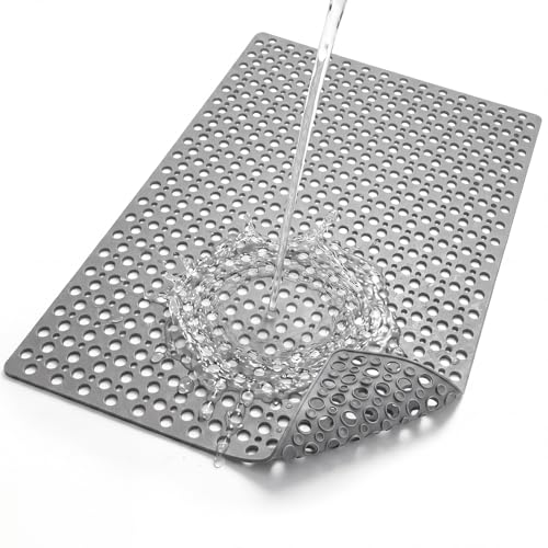 Extra Large Non Slip Shower Mat 47 x 32 in TPE,Grey | Large Square Shower Mat for Inside Shower, Quick Drain Holes, Strong Suction Cups, Textured Surface, Soft TPE