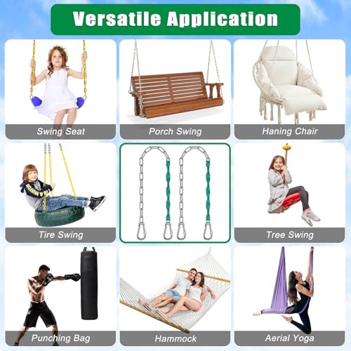 SELEWARE 2 Pcs 85" Heavy Duty Swing Chains Stainless Steel Hanging Chains | 1000LB Capacity Swing Extension Chain with 4 Carabiners, Hanging Kit for Playground Swing, Hammock Chair & Punching Bag - color: Green, size: 85" (2 Pcs)