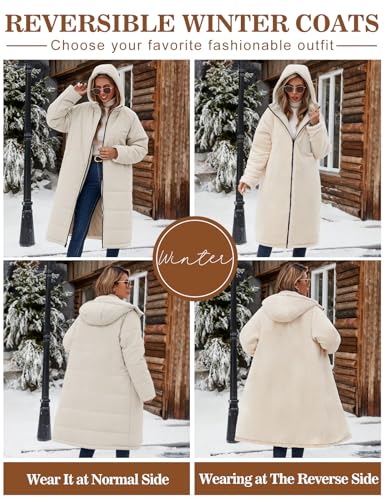 Women Winter Coats Fleece Long Coats Jackets Oversized Warm Down Jacket with Hood - color: Beige, size: Small