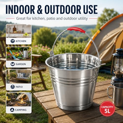 Healeved 5L Stainless Steel Bucket with Handle 9.4-Inch Round Pail | Red Grip Handle, For Ice Chilling, Beverage Service, Kitchen Carrying and Outdoor Utility Use