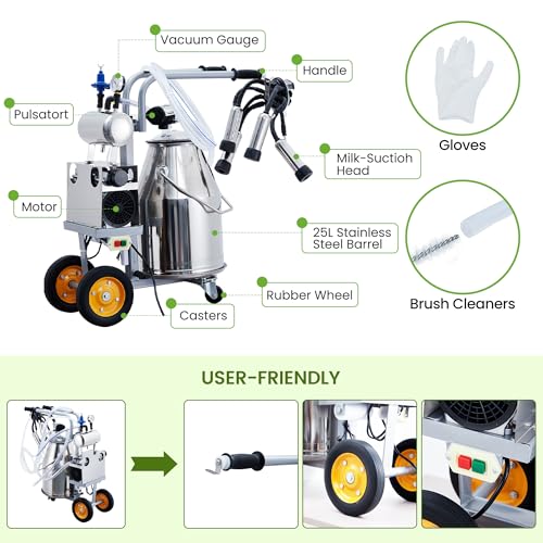 550W Electric Cow Milking Machine, 6.6 gal / 25L 304 Stainless Steel Bucket, Automatic Cow Milker with Vacuum Pulsation, 5-8 Cows Per Hour with Silicone Cups and Tubes, Wheels for Cows and Goats