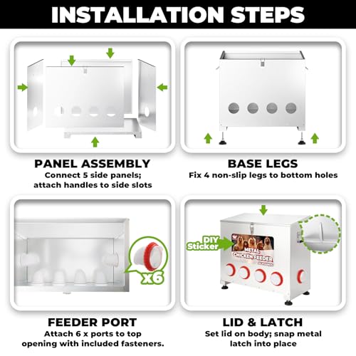 Chicken Feeder 85LB,6-Port Metal Poultry Feeder for Chickens, Poultry Coop | No Waste with Locking Lid&Riveted Handles,Adjustable Height,Large Capacity Rainproof Automatic Chicken Feeders