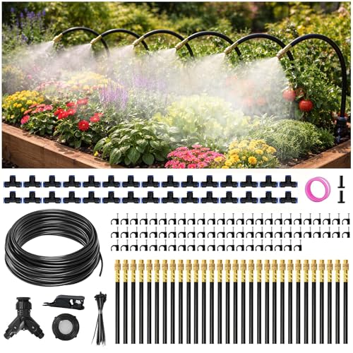 100FT Drip Irrigation System Kit Dual-Zone Garden Atomizing Watering System with 30 Copper 360° Adjustable Bendable Nozzles,Y-Splitter, Leak-Proof 1/4" Misting System for Garden Greenhouse Raised Beds - size: 100FT