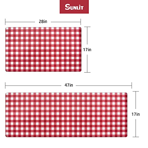 Sunlit Set of 2 Anti Fatigue Kitchen Floor Mat, Non Slip Waterproof Comfort Standing Mat, 0.4 Inch Thick Cushioned Farmhouse Kitchen Rug Runner, White Red Buffalo Check (17"x28"&17"x47") - color: Red