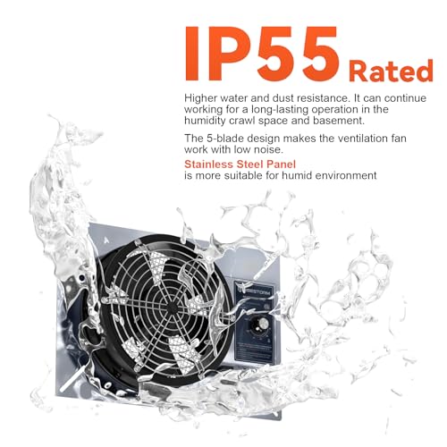 Abestorm 540 CFM Crawlspaces Ventilation Fan with Humidistat 8.7 Inch | Stainless Steel Vent Fan Digital Panel, Temperature Controller with Humidistat for Attic with Isolation Mesh, IP 55 Rated - color: Silver