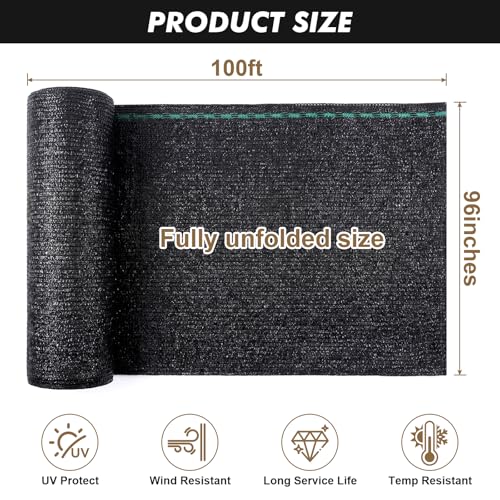 70% Black Garden Shade Cloth Roll for Plants, 8' x 100 FT | Sun Shade Cover Fabric Roll with UV Block Shades Netting Mesh Privacy Fence Screen for Greenhouse, Backyard, Patio - size: 8' x 100 FT-70%