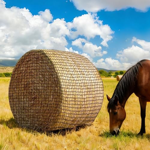 Heavy Duty Slow Feed Hay Net for Horses, 5x5x5 Ft Round Bale Hay Feeder Net | 1.5 Inch Knotless Mesh Weather Resistant Feeding Net to Reduce Hay Waste for Stable, Pasture & Farm Livestock - size: 5x5 Ft