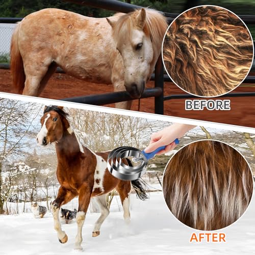 Double Sided Stainless Steel Curry Comb With Soft Grip, Shedding & Grooming Tool For Dogs, Cattle & Horses (Blue) - color: Blue