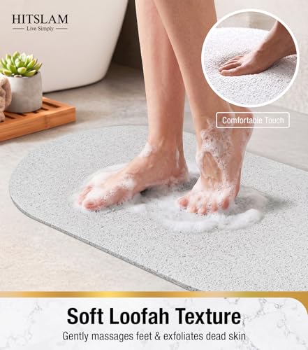 HITSLAM Oval Loofah Shower Mat Non Slip, 27x16 Inch, White | Bath Mat for Textured Tub & Inside Shower Stall, No Suction Cups Quick Drying PVC Porous Floor Mat, Soft Foot Exfoliating - color: White