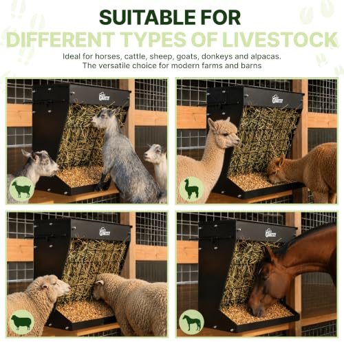 Wall Mount Hay Rack And Hay Feeder For Goats Sheep And Horses, Covered Galvanized Steel Goat Hay Feeder With Hinged Roof, 25 Gallon 2-In-1 No Waste Hanging Holder Grain Bin with hook For Cattle - color: Black