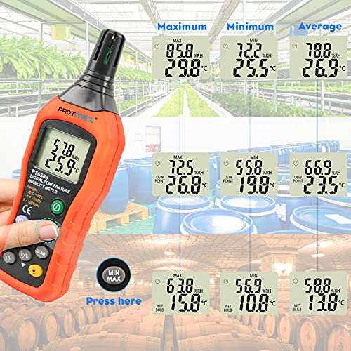 Protmex Digital Temperature Humidity Meter, Thermometer Hygrometer with Ambient Dew Point and Wet Bulb Temperature Indoor and Outdoor, Data Logger with Min/Max Hold, LCD Backlight, PT6508