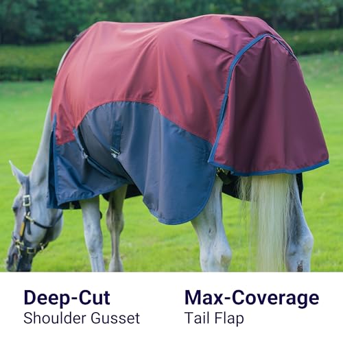 Horse Turnout Rain Sheet | 600 Denier Ripstop Turnout Blanket No Fill (0g) | Waterproof Lightweight Breathable | Tear-Resistant Outer & Rub-Free Silky Inner | Burgundy/Navy - 74 in - color: Burgundy/Navy, size: 74