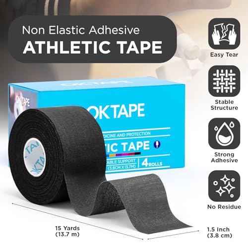 OK TAPE 4 Rolls Black Athletic Tape, Sports Tape, Very Strong, Easy Tear | Medical Tape, Wrist Tape, No Sticky Residue, Secure Ankle, Finger, Knee- 1.5inch x 15yards - color: Black-4 Rolls, size: 15 yards