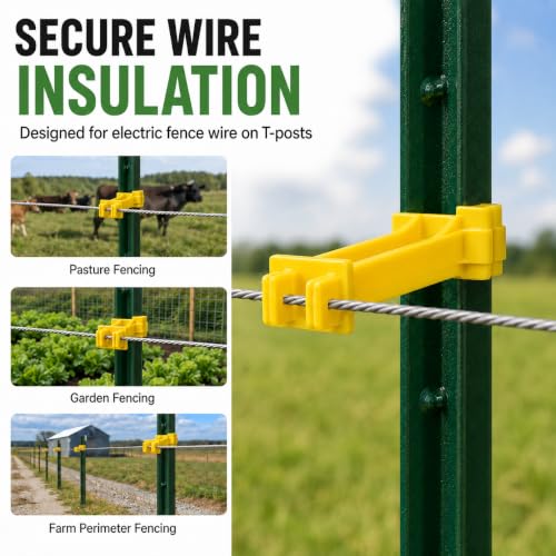 T Post Insulators 100 Pack, 5 inch Yellow Electric Fence Wire Clips | UV-resistant plastic, snap-on fit, holds fence wire away from metal T-posts for farm, ranch, pasture and garden fencing