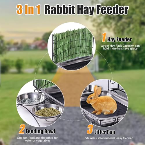 3 In1 Rabbit Hay Feeder with Litter Box Metal Bunny Feeder | Bunny Litter Box, Hay Feeding with Water Food Bowls, Litter Box For Guinea Pig Rabbit Chinchillas Small Animals