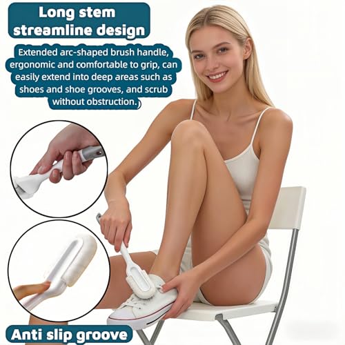 Professional Shoe Cleaning Brush Long Handle - Dual-Action Soft Bristle Shoe Scrubber for Sneakers, Leather, White Shoes | U-Shaped Head & Pointed Tip | Hanging Hole Design (White)