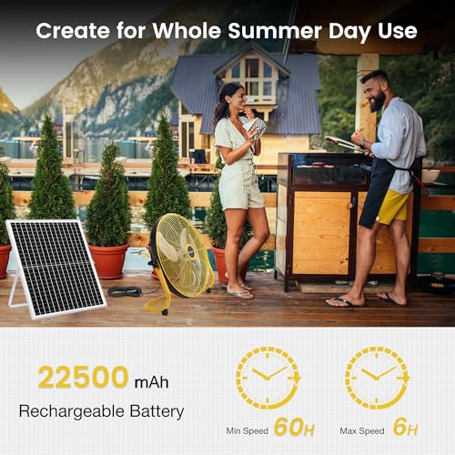 Fanspex 18" Solar Rechargeable Floor Fan for Outdoor Gazebo Greenhouse Barn | 83 Wh Battery Operated Fan, 360° Tilt with 35W Solar Panel Powered for Patio Camping Cooling or Air Circulation - size: 18"