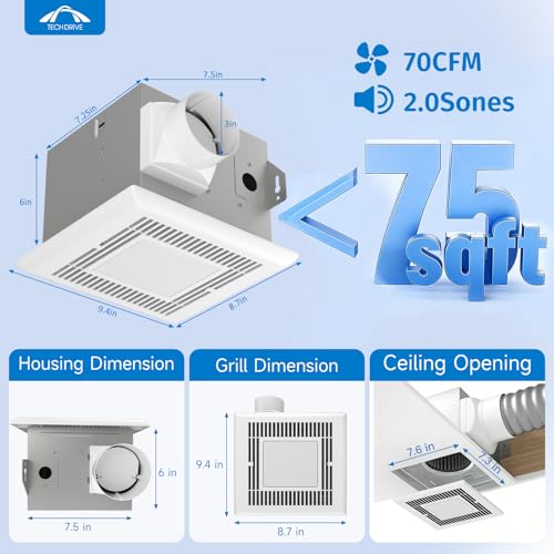 Tech Drive Bathroom Fan with light,Very-Quiet 70 CFM, 2.0 Sone,3 Inch Duct | 600LM 4000K LED light, Ceiling Mounted Ventilation Fan,Easy to Install for Bathrooms Up to 75 Sq. Ft - size: 70CFM with LED Light