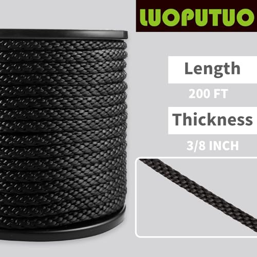 3/8 Inch × 200 FT Black Polyester Solid Braid Rope – UV & Abrasion Resistant, Low Stretch, Multipurpose for Flagpole Halyard, Clothesline, Camping, and Utility Tasks - size: 3/8 In×200 FT