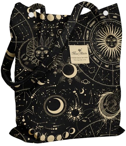 Miss Adola Corduroy Tote Bag for Women with Aesthetic Design | Magnetic Buckle & Pocket, Reusable, Soft, Roomy, Long Shoulder Handles, Double-sided Print, Casual Daily Work, Grocery Bags - color: Sun Stars, size: Large