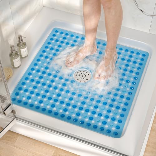 HITSLAM Non Slip Shower Mat, Square Bathtub Mat, 24x24 Inch, Blue | Diamond Textured PVC Bath Mat With Suction Cups, Shower Stall Mat with Center Drain Hole, Strong Grip, Machine Washable - color: Blue