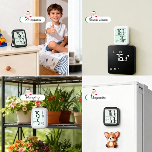 Antonki 2 Pack Room Thermometer Indoor Hygrometer | Monitor Temperature & Humidity, Accurate, Fast Read, Easy To View, Magnetic/Kickstand/Hanging, ℉/℃, w/ Battery, Compact - color: 2 Pcs* Black & White