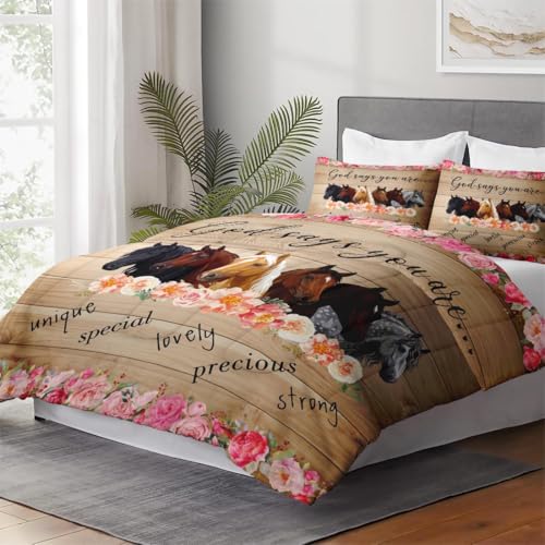 WeCozy Twin Comforter Set, 2 Pieces Colorful Pink Bedding, All Season | Flower Horses Animal Inspirational Prayer Soft Comforter with 1 Pillowcase for Kids and Adults Room Bedroom Bed Decor - color: Multi 4, size: Twin