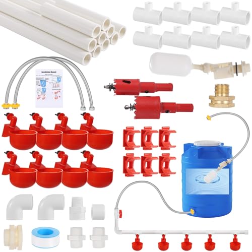 Pipeline Automatic Chicken Waterer System (45 Accessories Included) | Complete PVC Pipelines Set with 8 Deep Drinking Cups, T Connectors, Float Valve, Auto Pipe Feeder Poultry Watering Kit