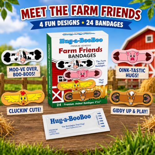 Farm Friends Hugging Farm Animal Adhesive Bandages from Hug-a-BooBoo, The Amazing Bandages that Hug! Super Fun Hugging Cow, Horse, Pig and Chicken! 24 Ct Box - size: 24ct, style: Farm Friends