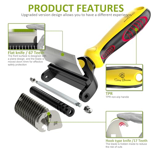Spring Blossoms-2 in 1 Professional Grooming Rake for Cats & Dogs-Dematting Comb for Easy Mats & Tangles Removing,Pet Brush Safe No More Nasty Shedding and Flying Hair (Lemon Yellow) - color: Lemon Yellow