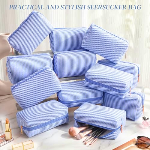 Sanwuta 20 Pcs Seersucker Cosmetic Bags Bulk, Striped Zippered,Blue | Makeup Bags Women Pouch, Large Preppy Storage Toiletry Travel Pouch for Wedding Bridesmaid Bride Favor Back to Teacher Gift - color: Blue