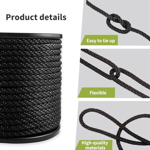 3/8 Inch × 200 FT Black Polyester Solid Braid Rope – UV & Abrasion Resistant, Low Stretch, Multipurpose for Flagpole Halyard, Clothesline, Camping, and Utility Tasks - size: 3/8 In×200 FT