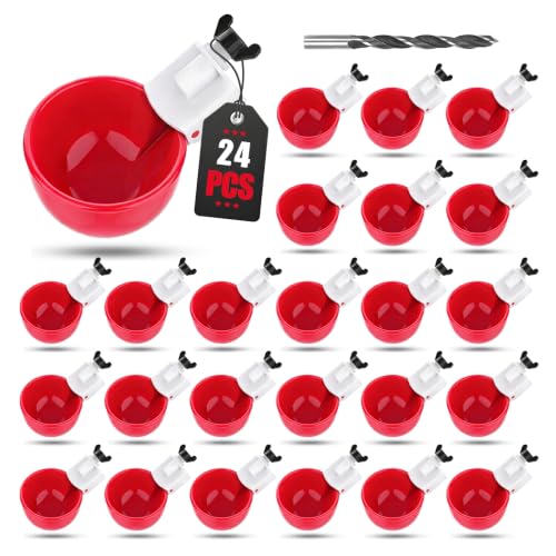 24 Pack Auto Chicken Poultry Waterer Cups Feeder for Diy Chicken Coop Automatic Watering Cup Dispenser Drinker Bebederos De Agua Para Gallinas with Mounting Hole Opener Double Leak-proof Washer - size: 24 Pcs