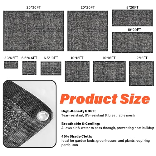 JOJOLEE 40% Sun Shade Cloth, 20x30FT Shade Net Mesh Tarp with Grommets, Black Sunblock Cover for Outdoor Patio Plants, Pergola, Greenhouse, Chicken Coop, Backyard, Balcony - size: 40%-20 x 30FT