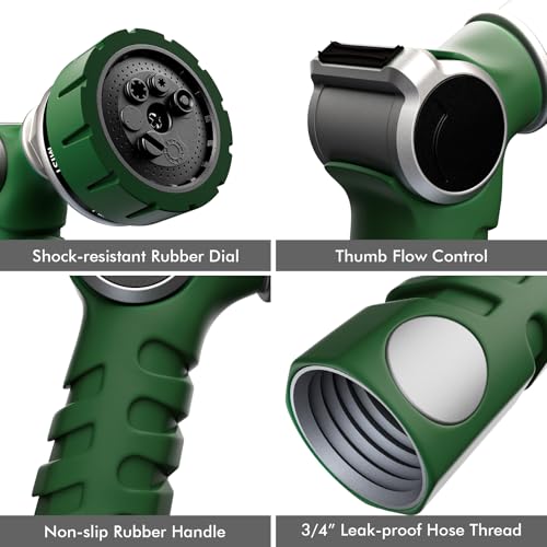RESTMO Heavy Duty Hose Nozzle, Metal Garden Water Hose Sprayer | 7 Watering Patterns, Thumb Control, On Off Valve, Leak Proof Nozzle Sprayer for Watering Plants, Car & Pet Washing, Green - color: Green