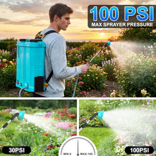Backpack Sprayer Battery Powered 5 Gallon, 100 PSI Electric Garden Sprayer with Wash Bottle & Mixing System & 6 Nozzles for Lawn, Garden, Yard, 4.0Ah Battery & Charger Included | Wash Bottle & Mixing System & 6 Nozzles for Lawn, Garden, Yard, 4.0Ah Batter